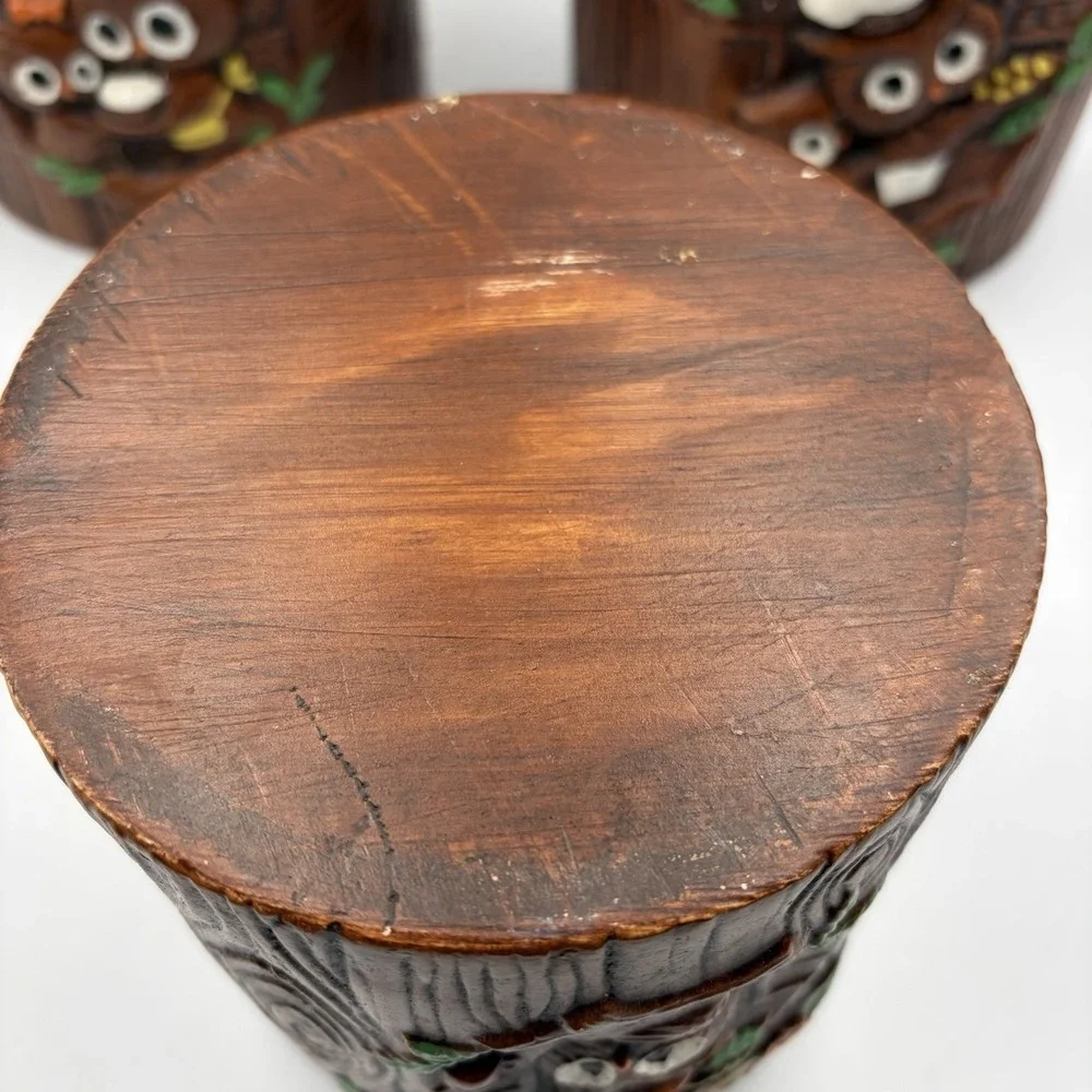 Vtg 1970's Woodsy Owl  Stump Canisters Treasure Craft USA Set of 3‎ MCM Rare HTF